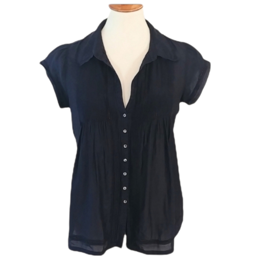 Joie Black Pintucked Raw Edge Button Down Blouse XS